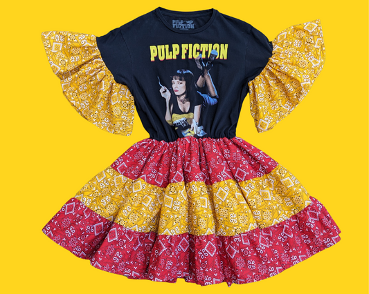 Handmade, Upcycled Pulp Fiction T-Shirt Dress with Red and Yellow Bandana Fabric Size M