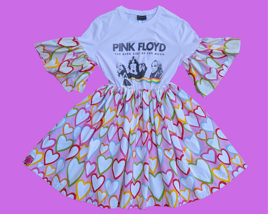 Handmade, Upcycled Pink Floyd Dark Side of the Moon T-Shirt Dress with Rainbow Hearts Fabric Size S