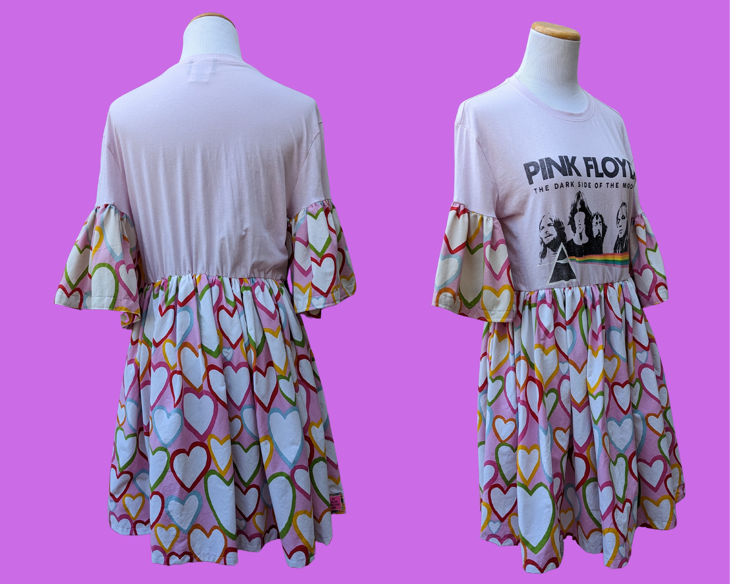 Handmade, Upcycled Pink Floyd Dark Side of the Moon T-Shirt Dress with Rainbow Hearts Fabric Size S