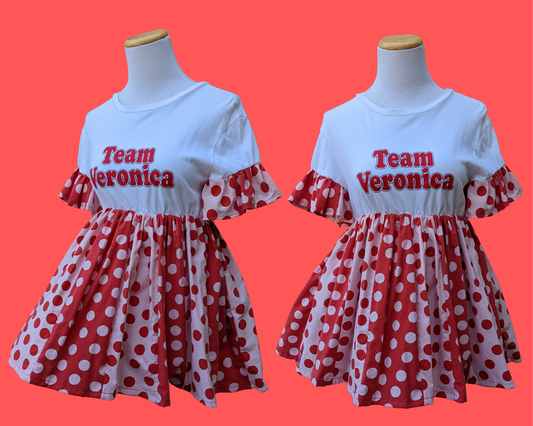 Handmade, Upcycled Archie's Team Veronica T-Shirt Dress with Red and White Polka Dot Fabric Size S