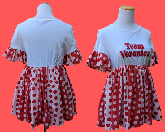 Handmade, Upcycled Archie's Team Veronica T-Shirt Dress with Red and White Polka Dot Fabric Size S