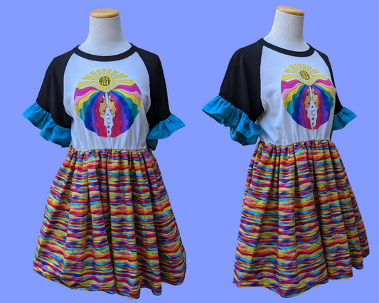 Handmade, Upcycled Cher T-Shirt Dress with Groovy, Colorful Fabric Size S