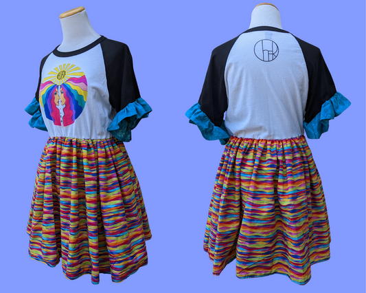 Handmade, Upcycled Cher T-Shirt Dress with Groovy, Colorful Fabric Size S