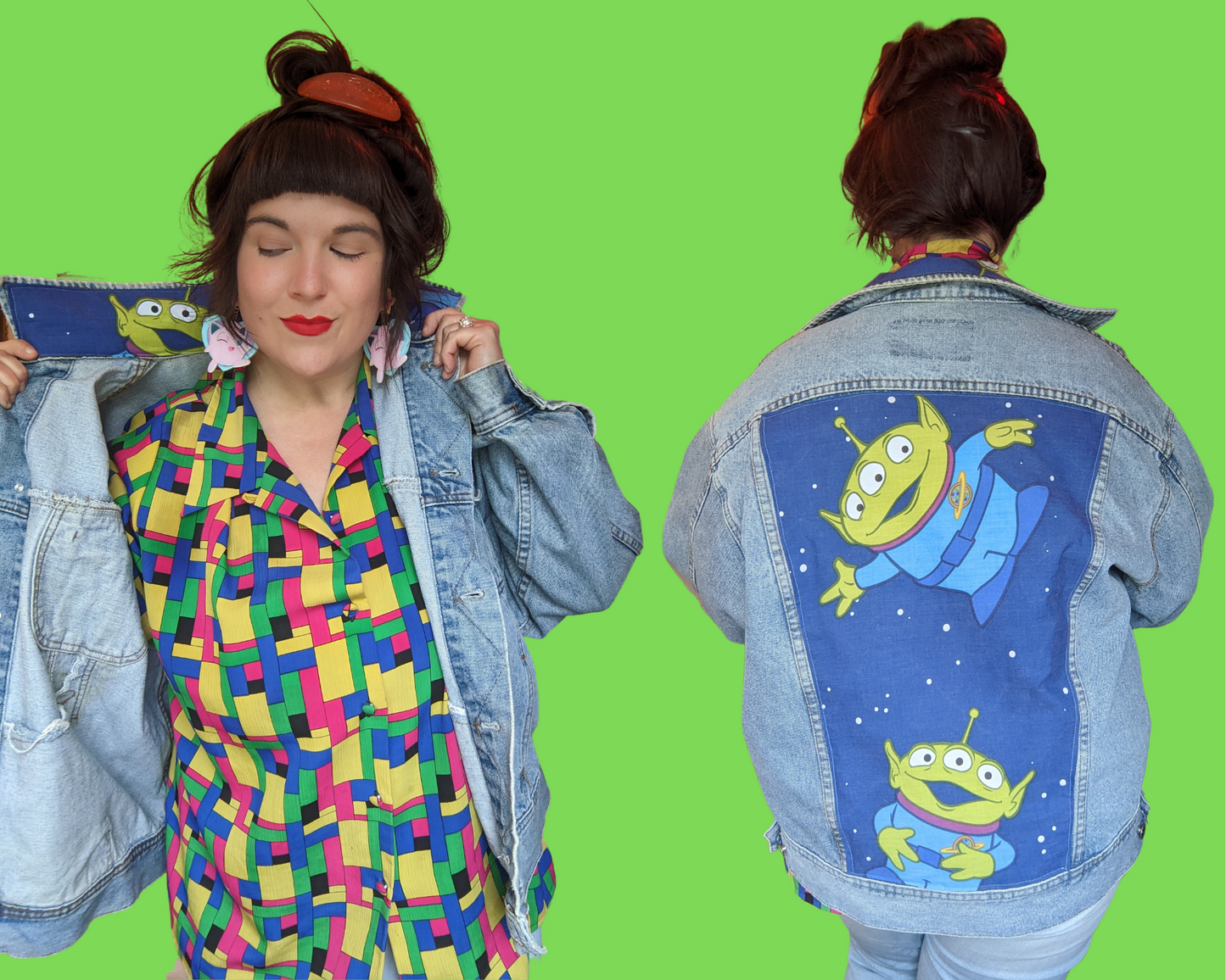 Handmade, Upcycled Cotton Denim Jacket with Toy Story's Little Green Men Bedsheet Fits Like A Size XL