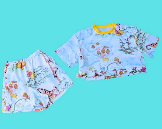 Handmade, Upcycled Walt Disney's Winnie the Pooh Bedsheet Crop Top and Shorts Set Size M