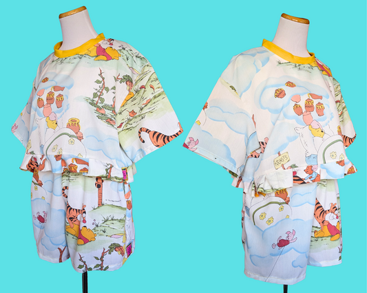 Handmade, Upcycled Walt Disney's Winnie the Pooh Bedsheet Crop Top and Shorts Set Size M