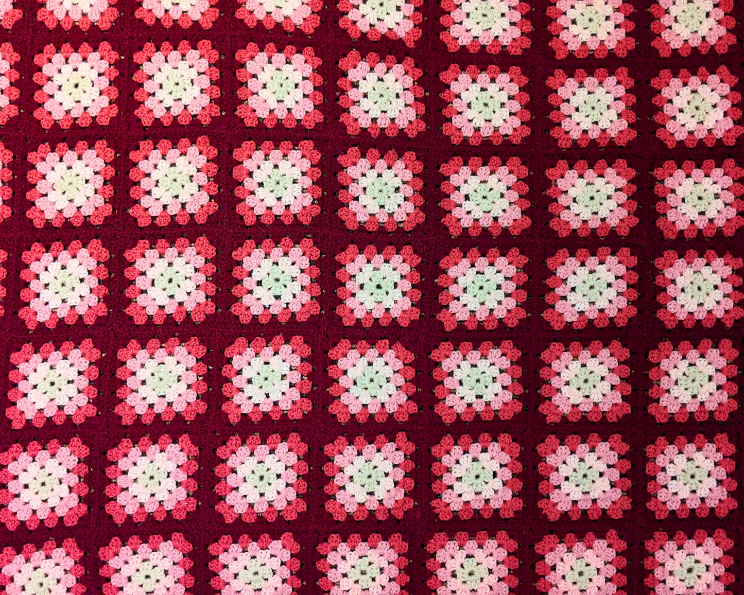 Vintage 1980's Pink and White Wool Crochet Blanket