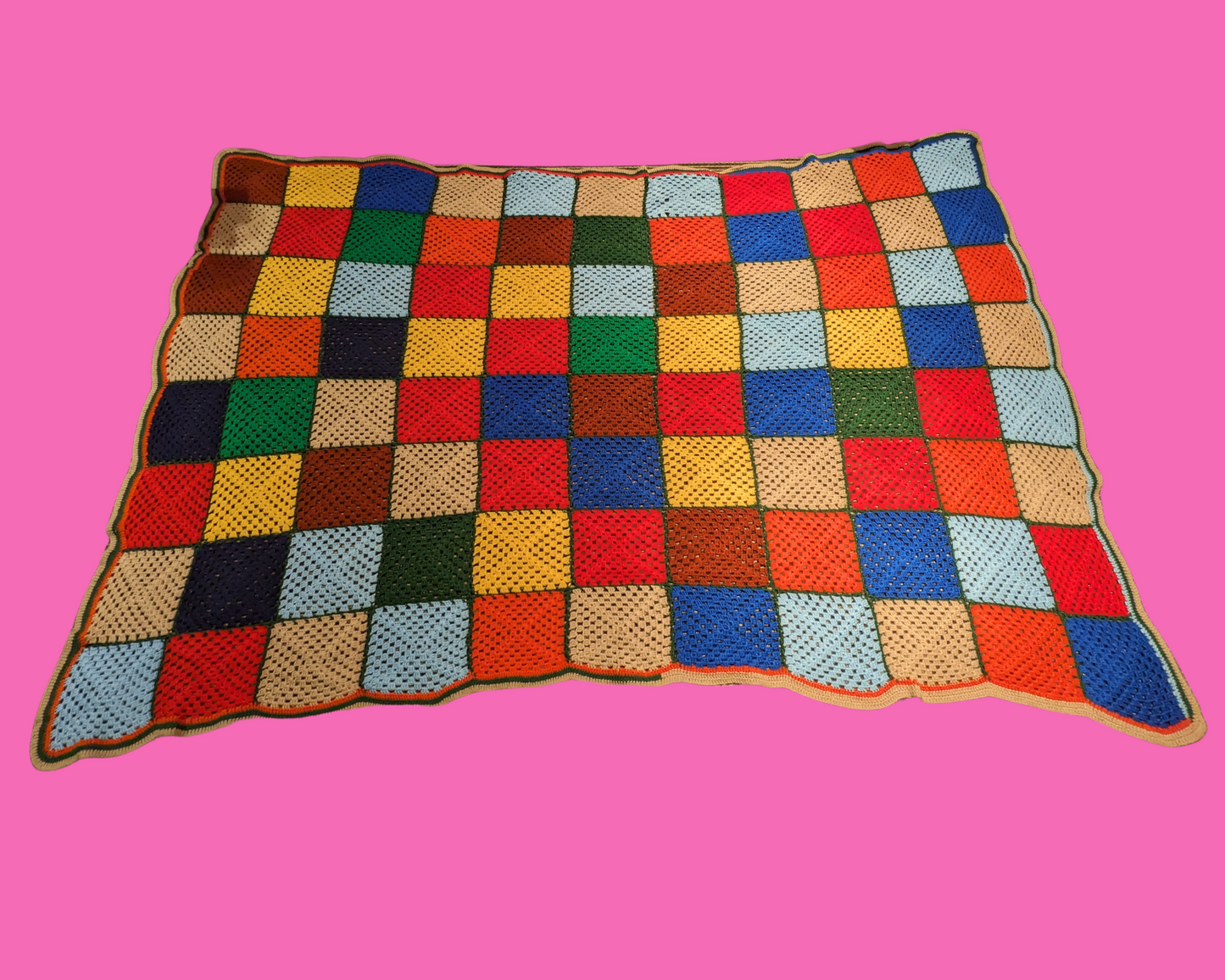 Vintage 1980's Rainbow, Wool Crochet Blanket