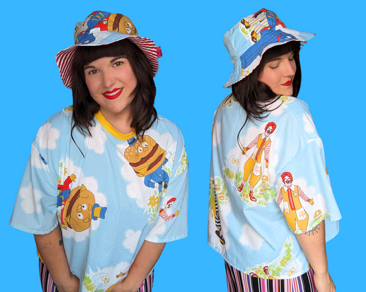 Handmade, Upcycled McDonald's Bedsheet T-Shirt Oversized XL with Matching Bucket Hat