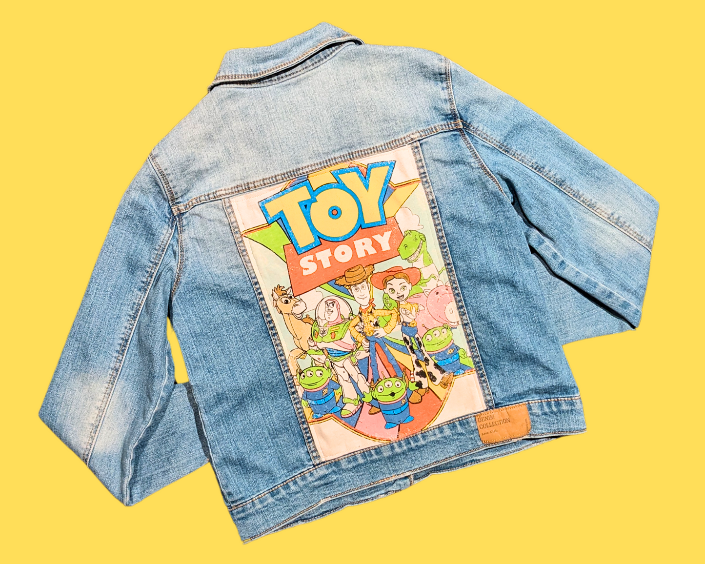 Handmade, Upcycled Denim Jacket Patched Up with a Toy Story T-Shirt Fits Size S-M for Kids, Girls Size 11-12