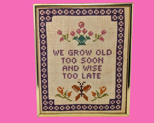 Vintage 1980's Embroidery, Needlepoint Wall Hanging Artwork ''We Grow Old Too Soon and Wise to Late''