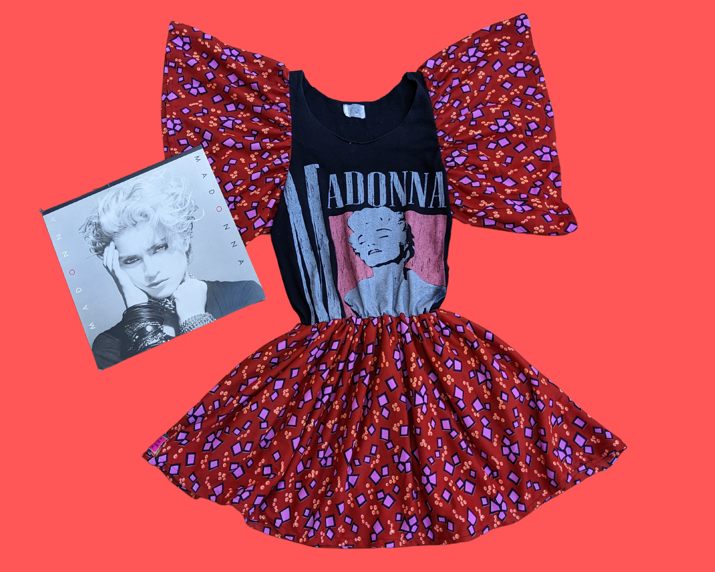 Handmade, Upcycled Madonna T-Shirt Dress with Vintage 1980's Fabric Size M