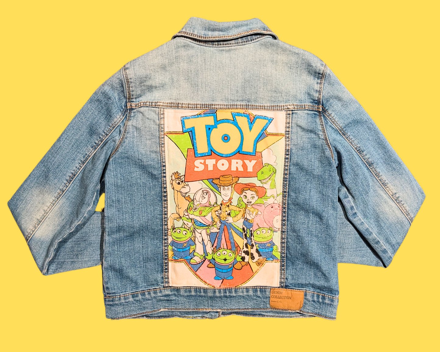 Handmade, Upcycled Denim Jacket Patched Up with a Toy Story T-Shirt Fits Size S-M for Kids, Girls Size 11-12