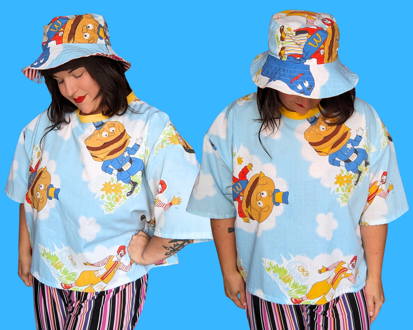 Handmade, Upcycled McDonald's Bedsheet T-Shirt Oversized XL with Matching Bucket Hat