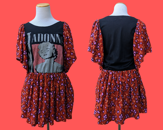 Handmade, Upcycled Madonna T-Shirt Dress with Vintage 1980's Fabric Size M