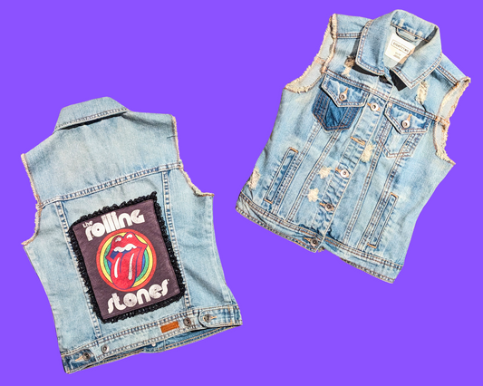 Handmade, Upcycled Denim Vest Patched Up with a Rolling Stones T-Shirt Fits Size XS