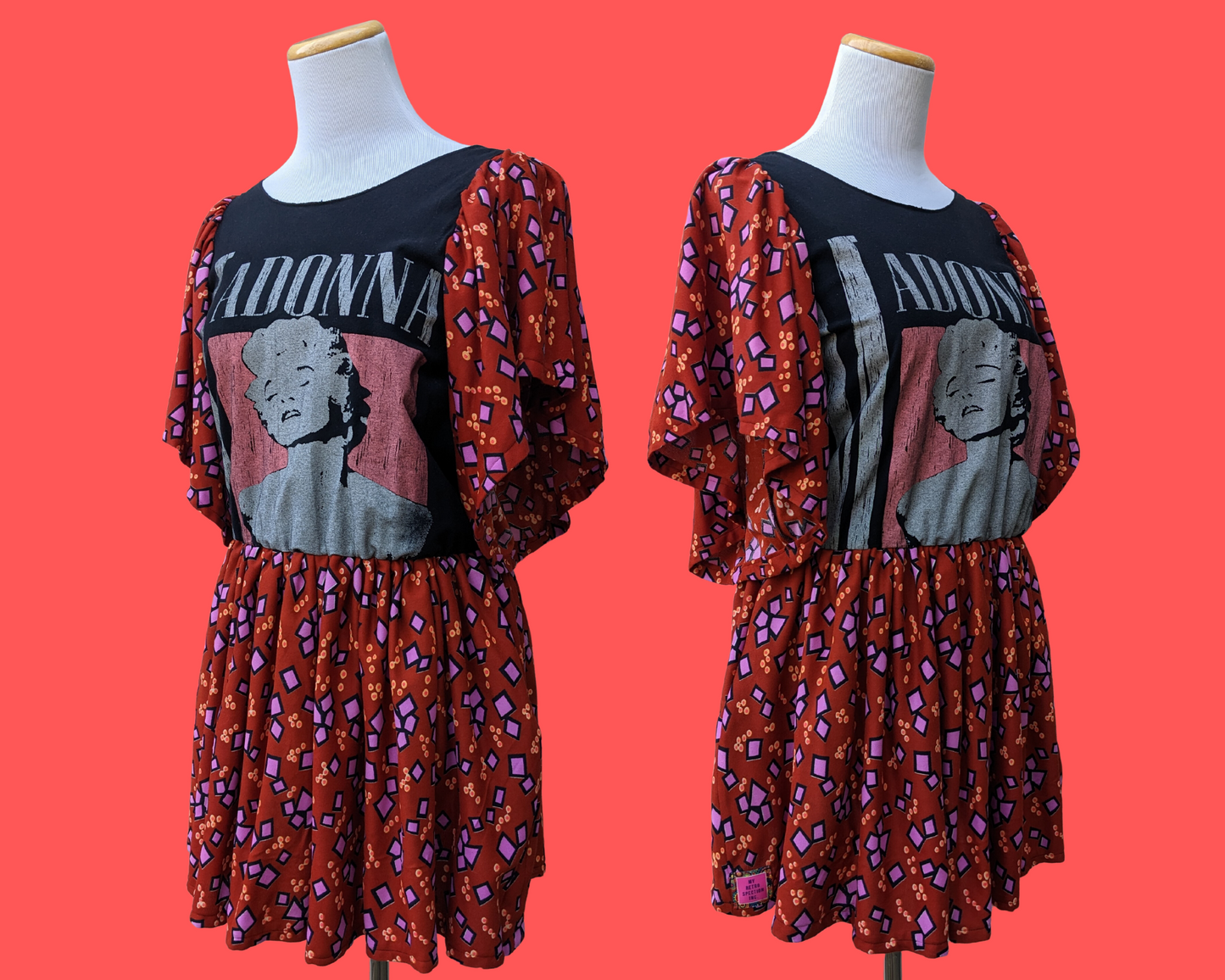 Handmade, Upcycled Madonna T-Shirt Dress with Vintage 1980's Fabric Size M