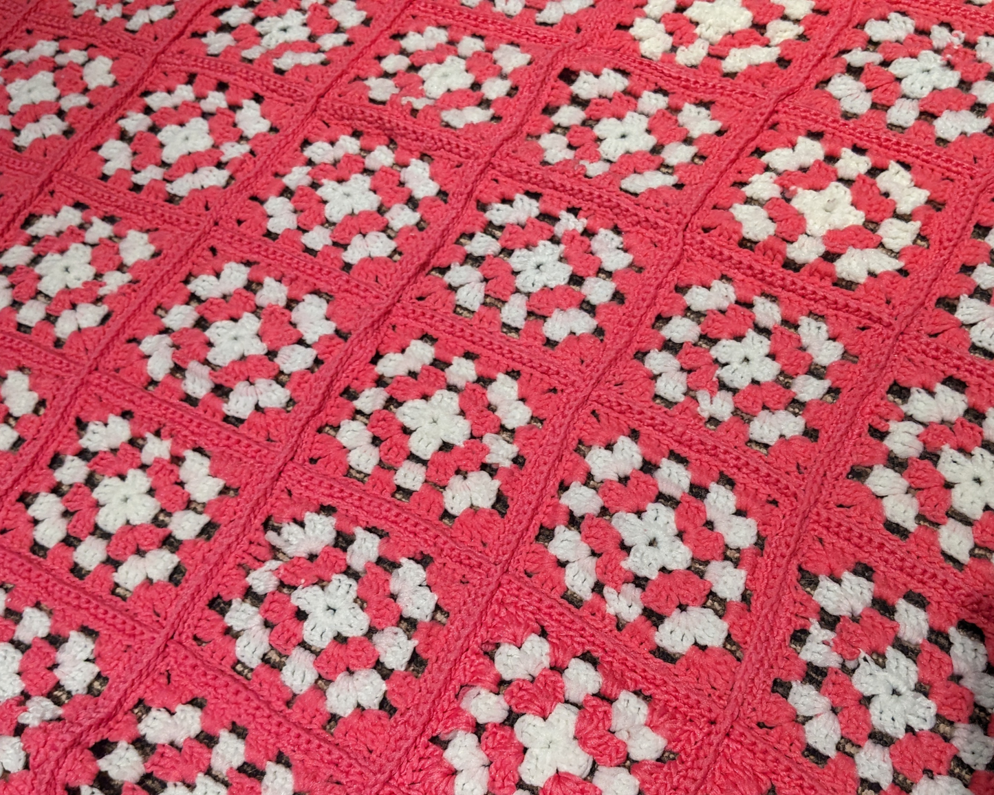 Vintage 1980's Pink and White, Synthetic Wool, Small Crochet Blanket