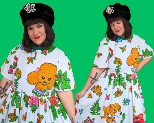 Handmade, Upcycled Vintage 1980's Groovy Animals Patterned Bedsheet T-Shirt Dress Fits Size S-M-L-XL