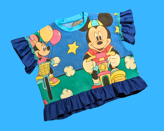 Handmade, Upcycled Disney Mickey and Minnie on Bicycles Pillowcase Crop Top Oversized S-M, Fitted L-XL