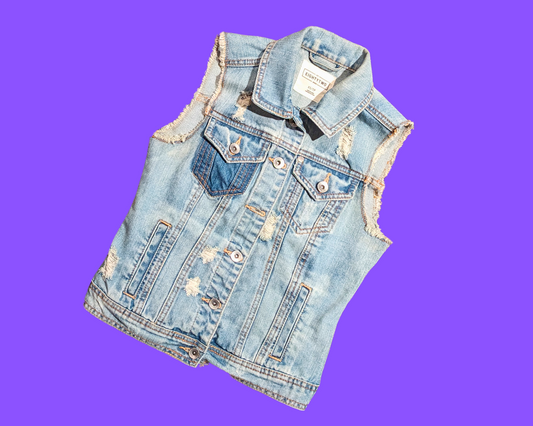 Handmade, Upcycled Denim Vest Patched Up with a Rolling Stones T-Shirt Fits Size XS