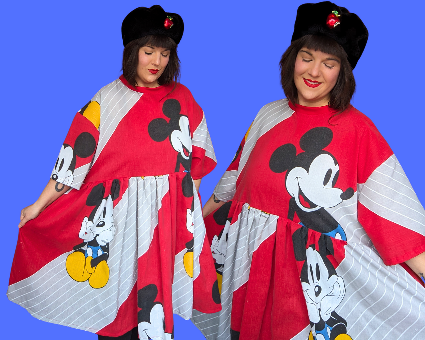 Handmade, Upcycled Walt Disney's Mickey Mouse Red Bedsheet T-Shirt Dress Fits 2XL