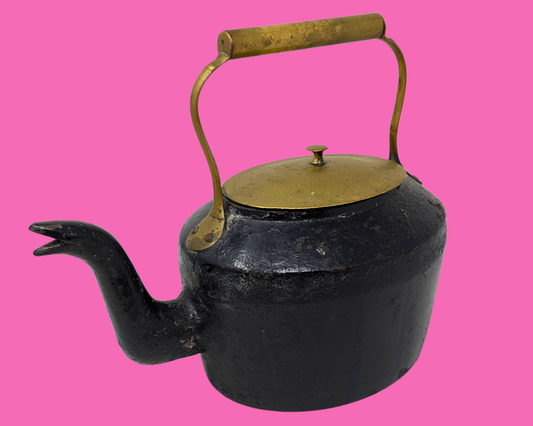 Antique 19th Century Large English Cast Iron and Brass Kettle