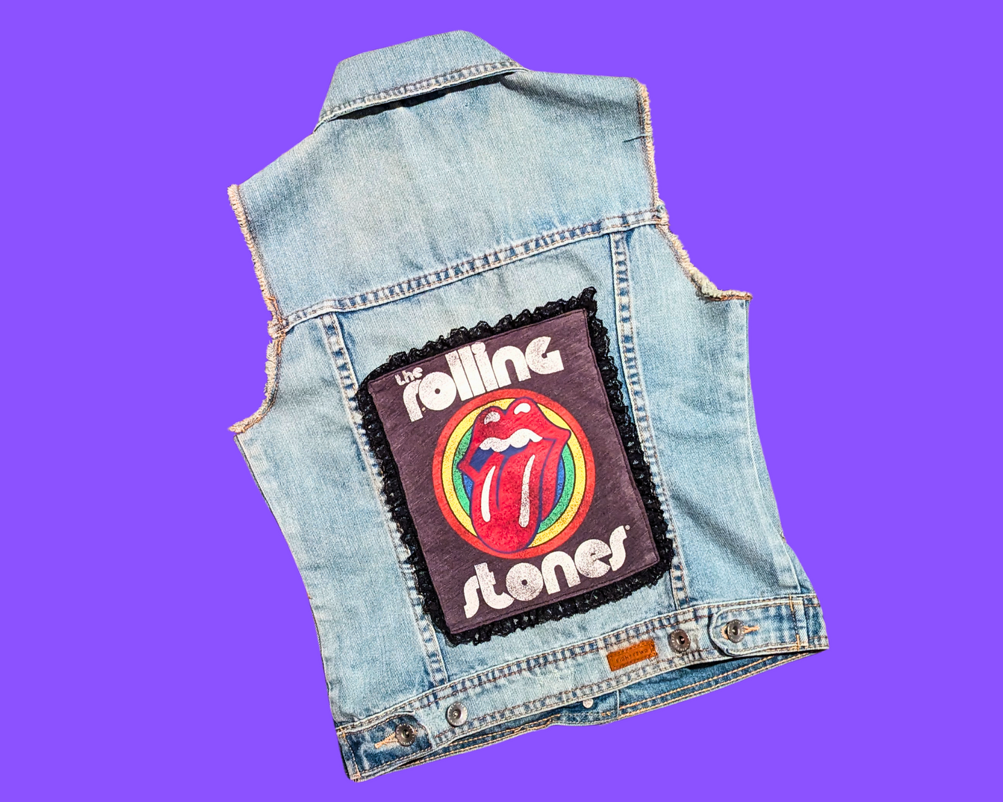 Handmade, Upcycled Denim Vest Patched Up with a Rolling Stones T-Shirt Fits Size XS