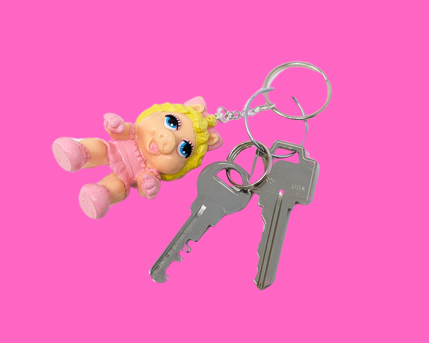 Handmade, Upcycled The Muppets Baby Miss Piggy Toy Keychain