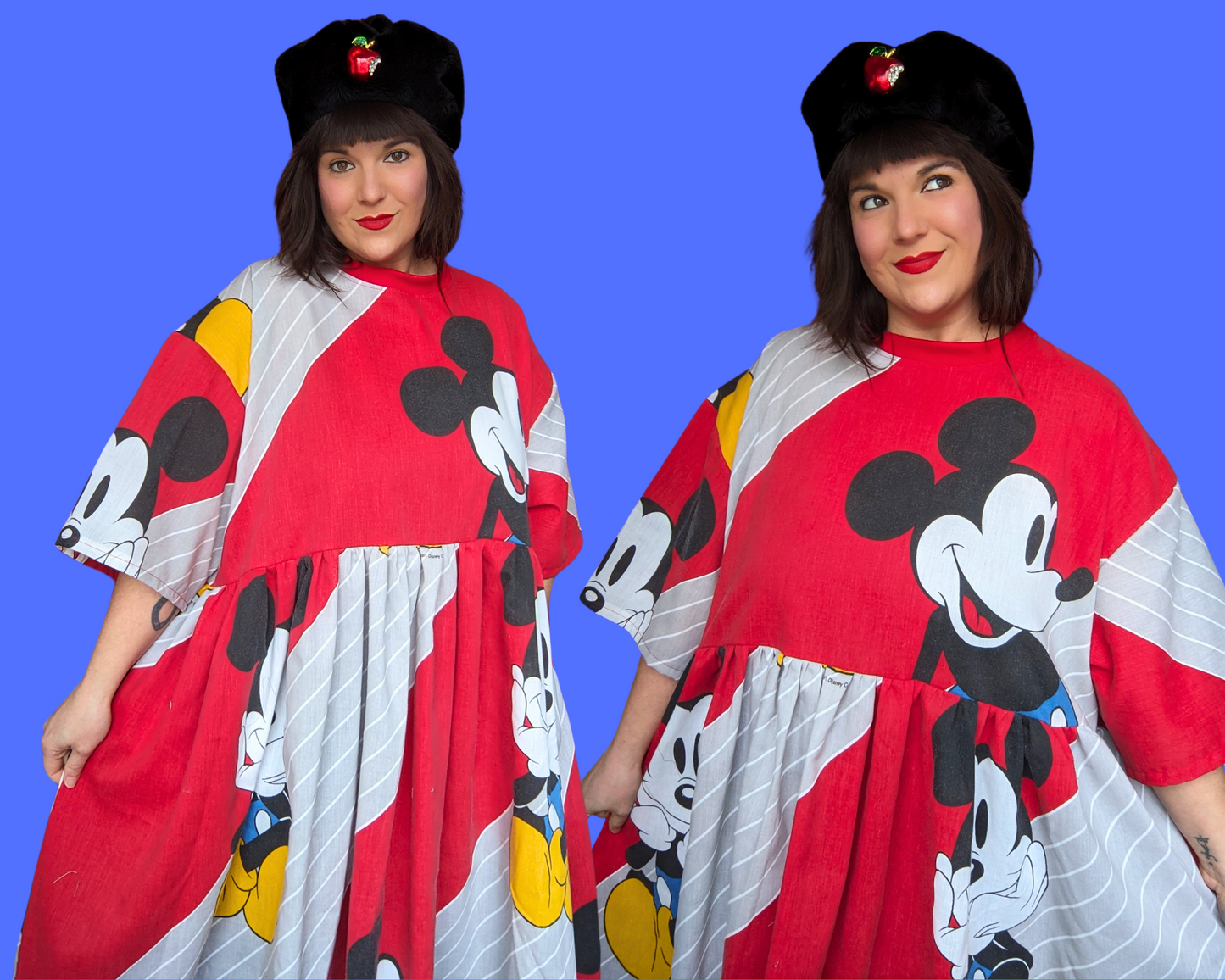 Handmade, Upcycled Walt Disney's Mickey Mouse Red Bedsheet T-Shirt Dress Fits 2XL