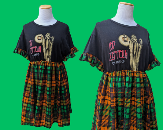 Handmade, Upcycled Led Zeppelin T-Shirt Dress with Vintage Light Orange and Green Plaid Fabric Size M