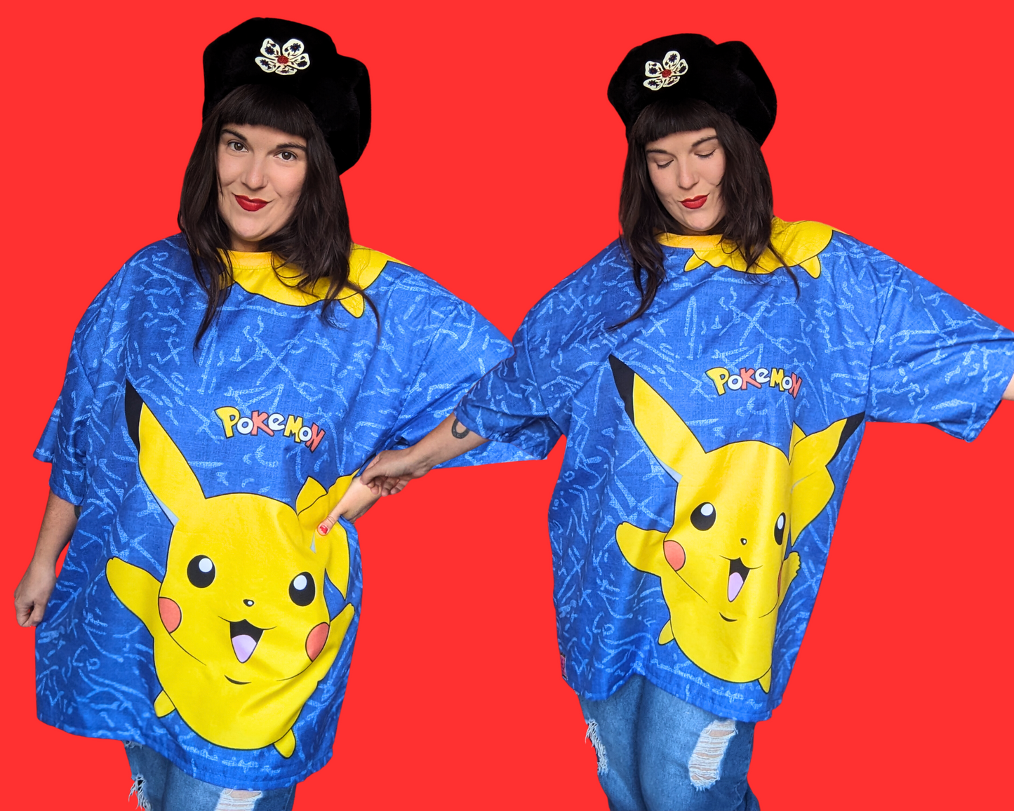 Handmade, Upcycled Blue Pokemon, Pikachu Bedsheet T-Shirt Oversized XL