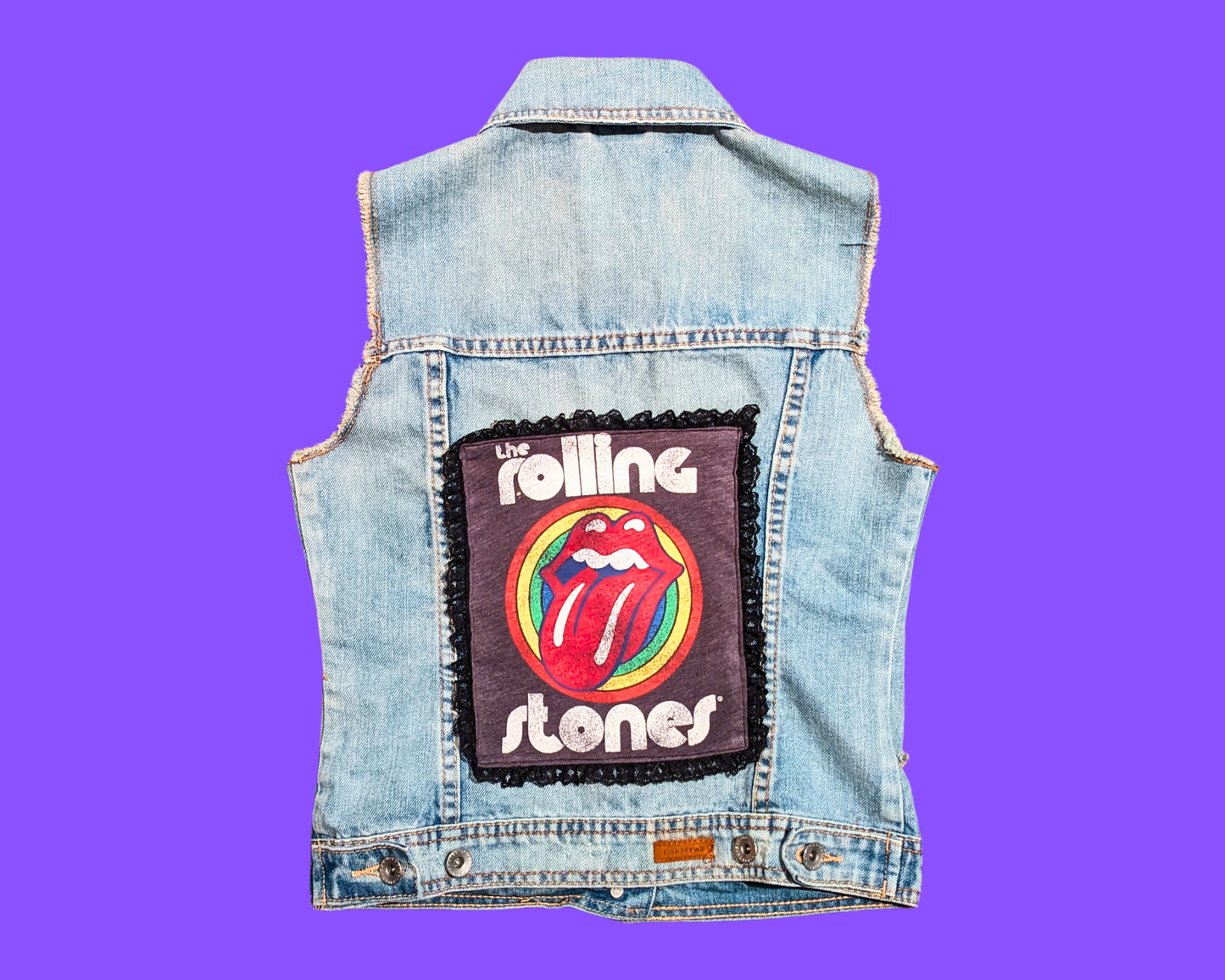 Handmade, Upcycled Denim Vest Patched Up with a Rolling Stones T-Shirt Fits Size XS