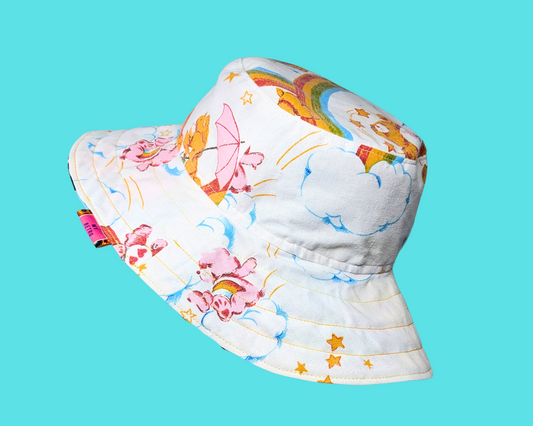 Handmade and Upcycled Vintage 1980's Carebears Bedsheet Reversible Bucket Hat