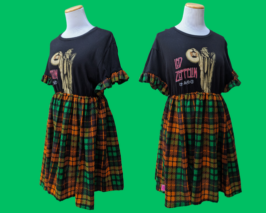 Handmade, Upcycled Led Zeppelin T-Shirt Dress with Vintage Light Orange and Green Plaid Fabric Size M