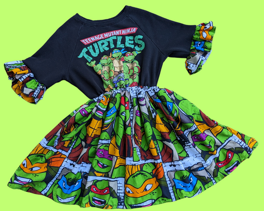 Handmade, Upcycled Teenage Mutant Ninja Turtles Sweater Dress with TMNT Bedsheet Size M