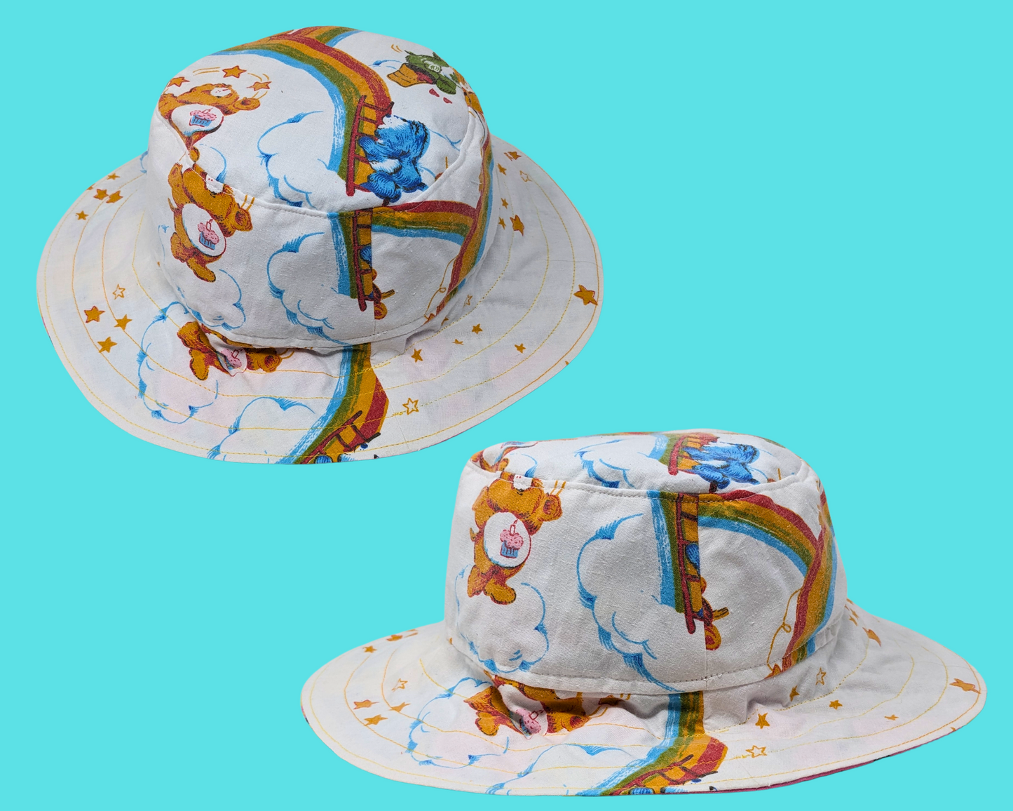 Handmade and Upcycled Vintage 1980's Carebears Bedsheet Reversible Bucket Hat