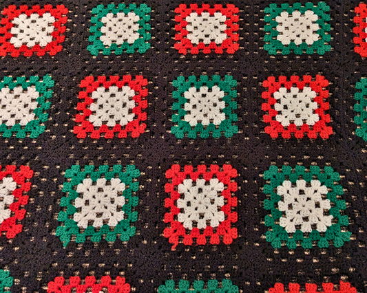 Vintage 1980's Black, White, Green and Red Wool Crochet Blanket