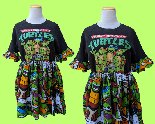 Handmade, Upcycled Teenage Mutant Ninja Turtles Sweater Dress with TMNT Bedsheet Size M