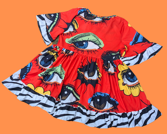 Handmade, Upcycled Groovy Eyes Patterned Dress L-XL