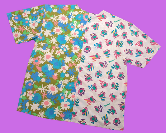 Handmade, Upcycled Barney Bedsheet + Vintage 1960's Floral Bedsheet T-Shirt Dress Fits an Oversized XL or Fitted 2XL