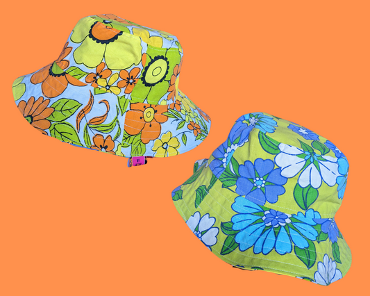 Groovy, Floral Reversible Bucket Hats For Adults Made from Vintage, Upcycled Floral 1960's Bedsheet