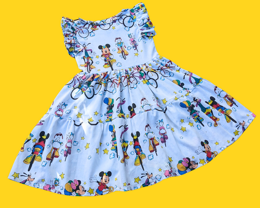 Handmade, Upcycled Vintage 1990's Walt Disney Mickey Mouse and Friends on Bicycles Bedsheet Dress Size S