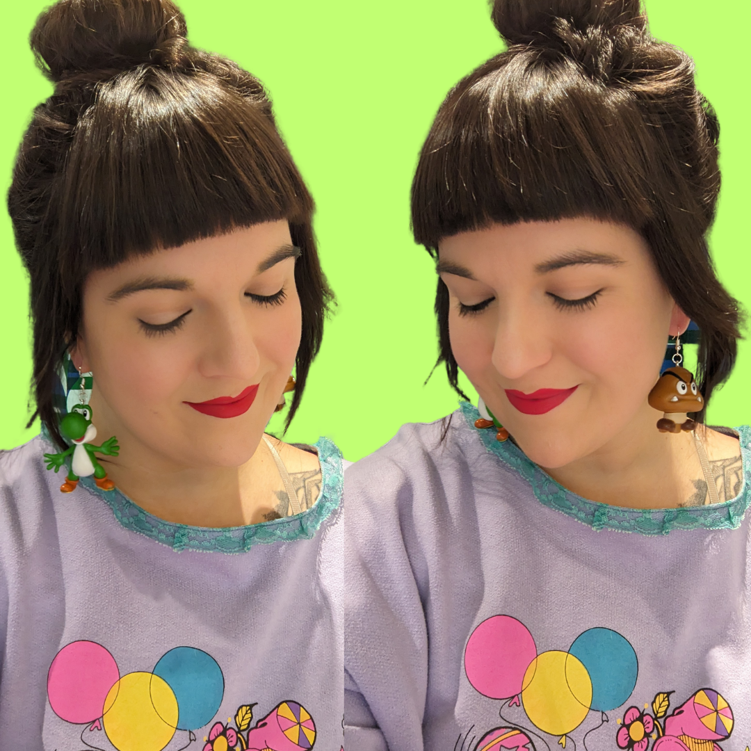 Handmade, Upcycled Super Mario Bros. Yoshi and Goomba Earrings