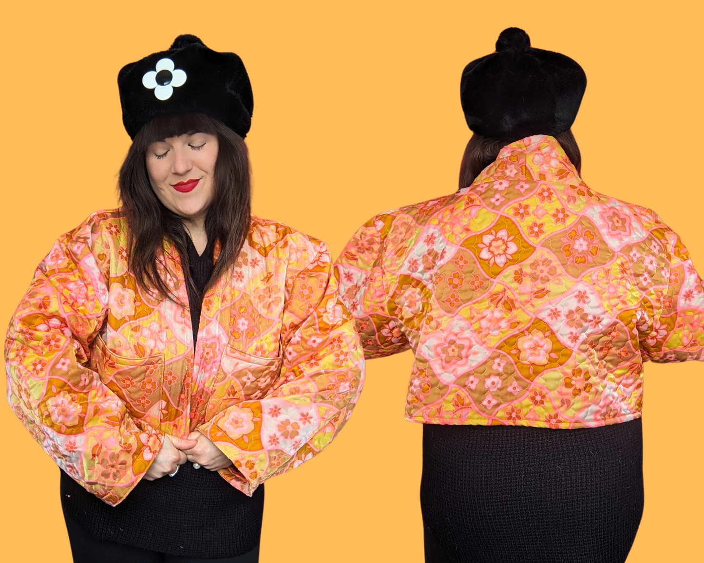 Handmade, Upcycled Vintage 1960's Bed Cover Open Jacket with Pockets Fits All Sizes Up to 3XL