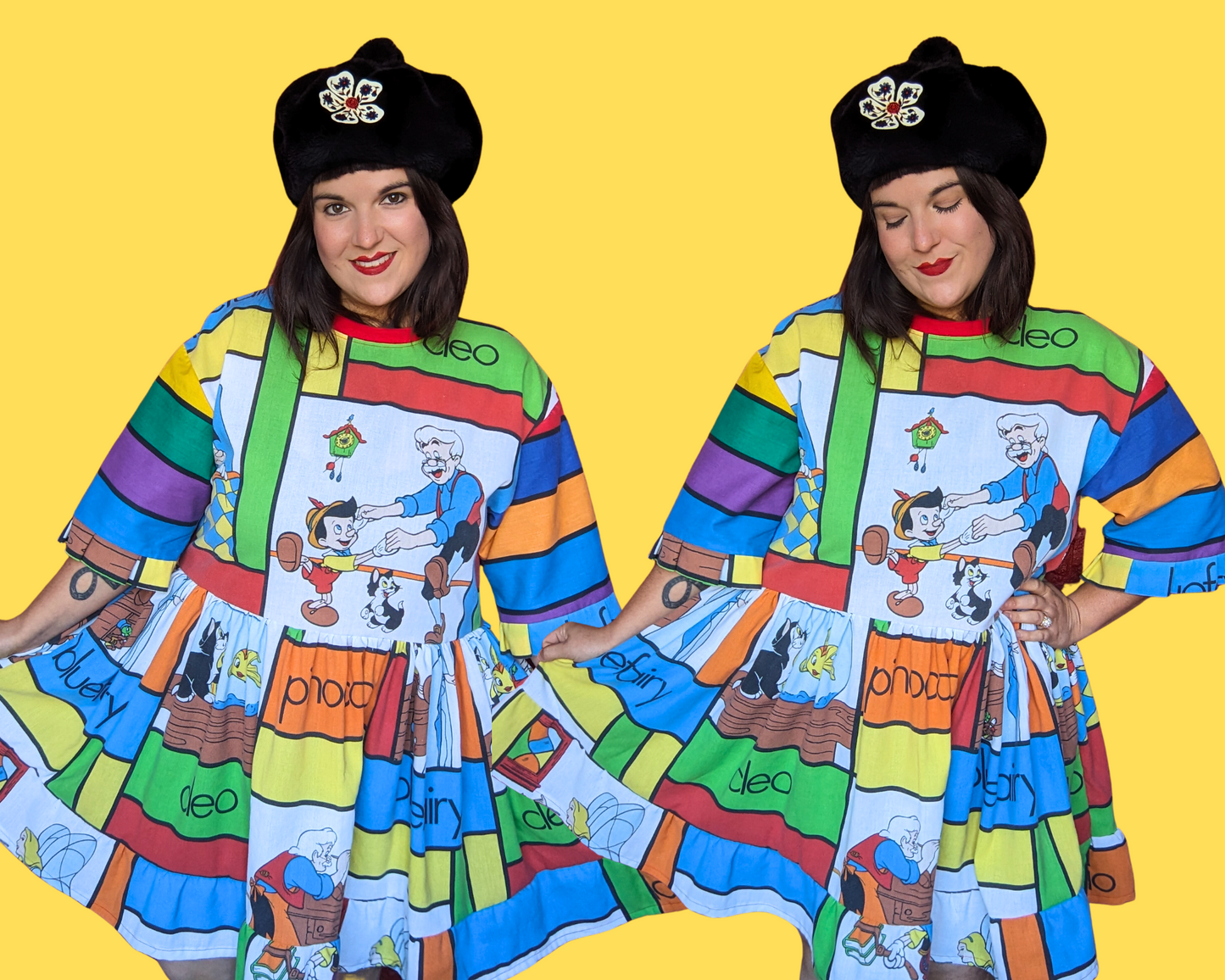 Handmade, Upcycled Vintage 1990's Walt Disney's Pinocchio Bedsheet T-Shirt Dress Fits S-M-L-XL with Matching Fanny Pack