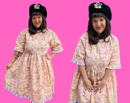 Handmade, Upcycled Vintage 1990's Pigs Patterned Fabric T-Shirt Dress Fits S-M-L-XL