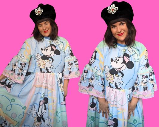 Handmade, Upcycled Vintage 1990's Minnie Mouse, Pastel Colors, Bedsheet Maxi Dress Fits Size S-M-L-XL