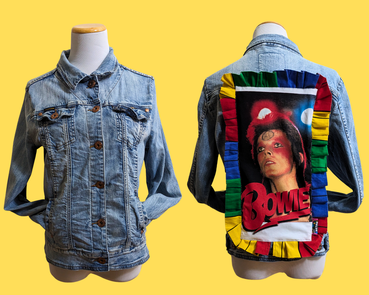 Handmade, Upcycled Denim Jacket Patched Up with a David Bowie T-Shirt Fits Size S-M