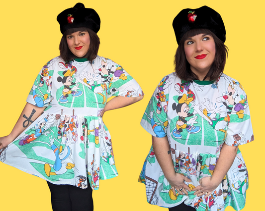 Handmade, Upcycled Walt Disney's Mickey Mouse and Friends Playing Sports Bedsheet T-Shirt Dress Fits S-M-L-XL